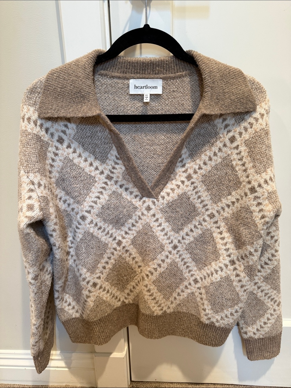 Heartloom Cream & Tan Diamond V‑Neck Sweater with Collar